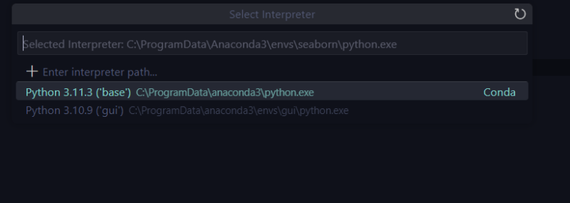 Select Interpreterを押すと、中央上部に選択可能なインタプリタ（Python.exe）が表示されるので、使いたいものを選択